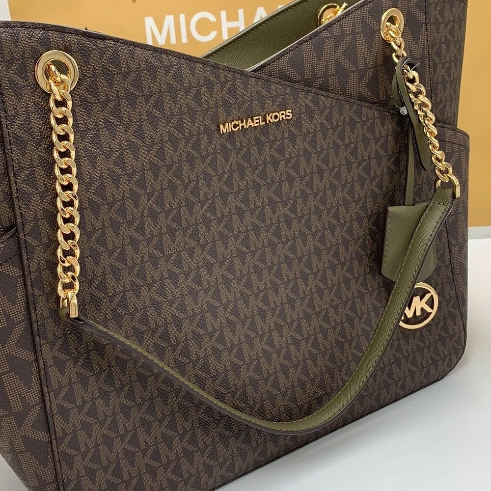 MICHAEL KORS Jet Set Large XChain Logo Shoulder Tote Bag OLIVE/BROWN COLOR